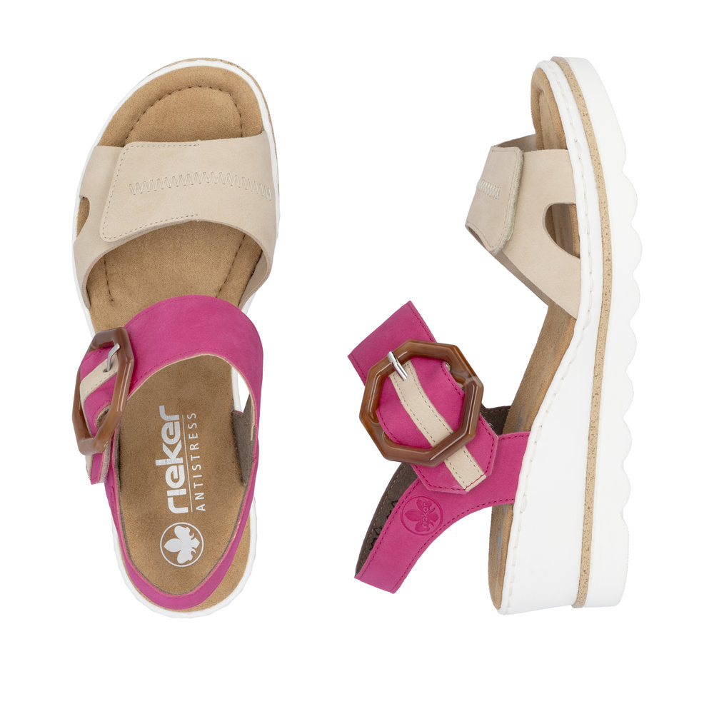 Rieker 67476-31 Ladies Beige/Fuchsia Synthetic Leather Buckle Sandals
