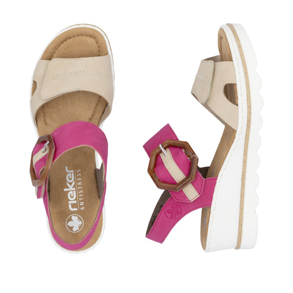 Rieker 67476-31 Ladies Beige/Fuchsia Synthetic Leather Buckle Sandals