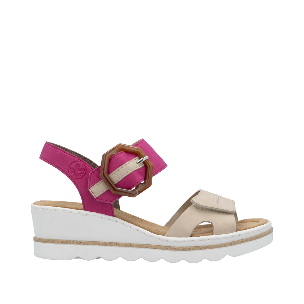 Rieker 67476-31 Ladies Beige/Fuchsia Synthetic Leather Buckle Sandals