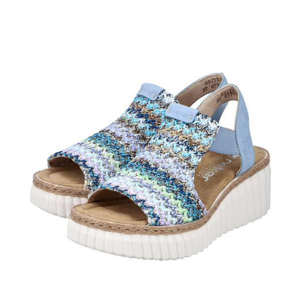 Rieker 69172-91 Ladies Light Blue Multi Textile Pull On Sandals