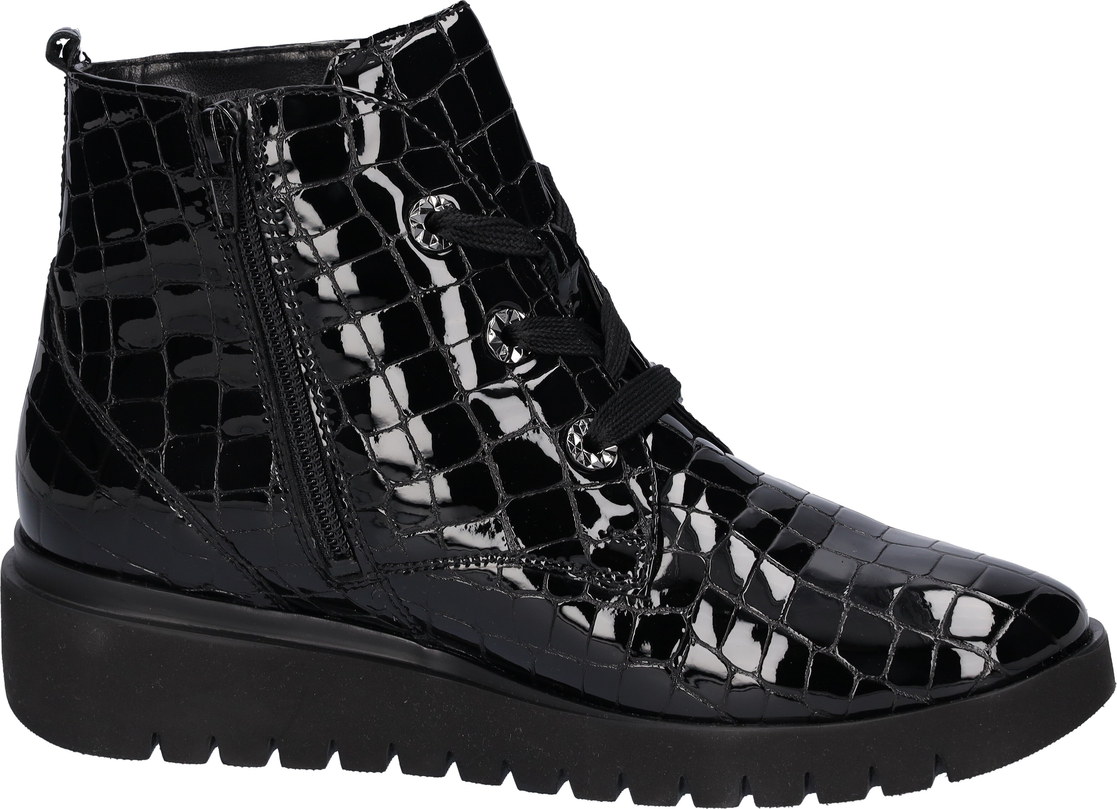 Waldlaufer 711801 150 001 H-Florenz Ladies Black Croc Patent Leather Lace Up Ankle Boots