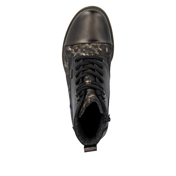 Rieker 74842-00 Ladies Black Combi Leather Water Resistant Zip & Lace Ankle Boots