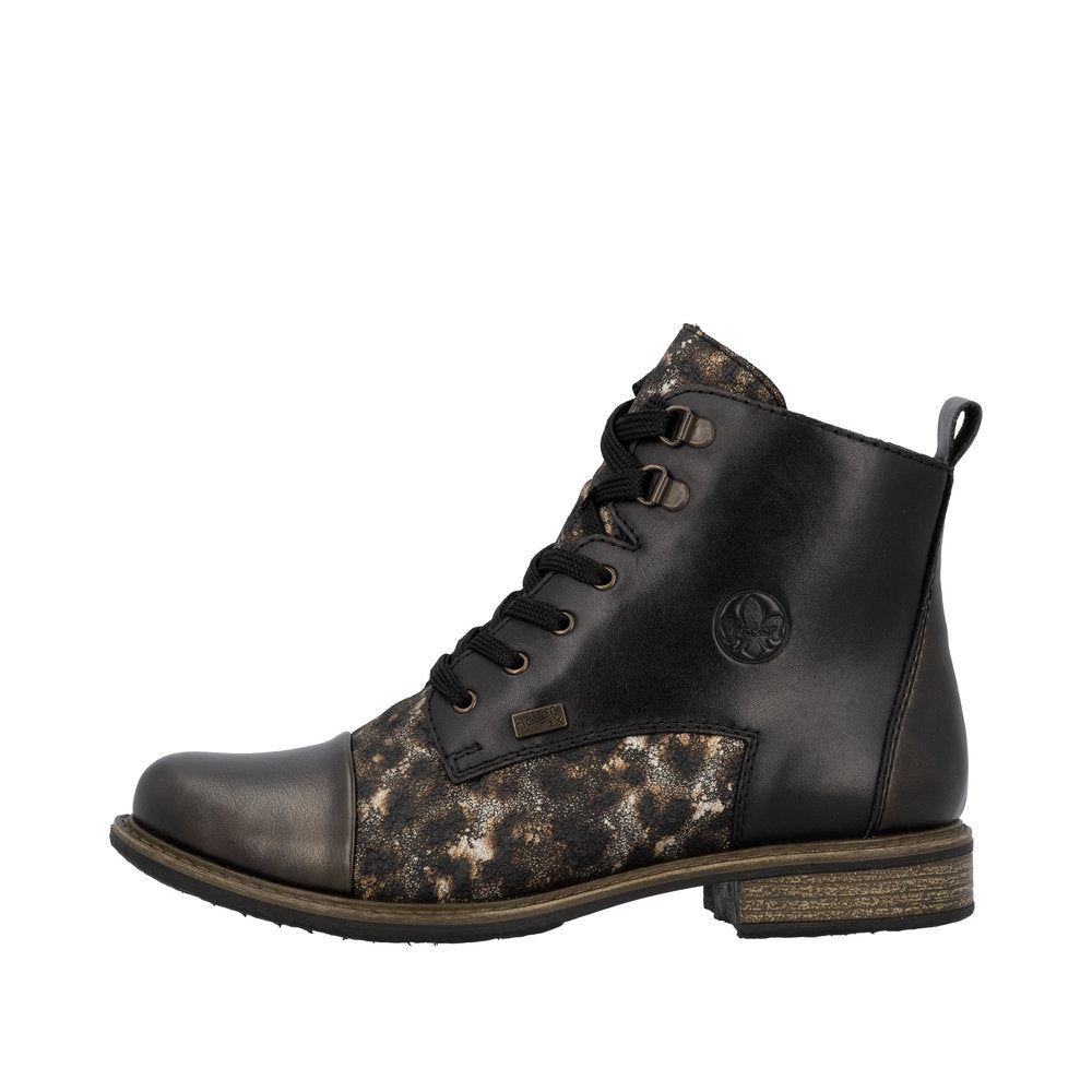 Rieker 74842-00 Ladies Black Combi Leather Water Resistant Zip & Lace Ankle Boots