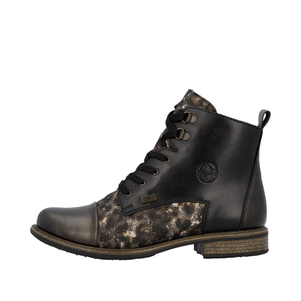 Rieker 74842-00 Ladies Black Combi Leather Water Resistant Zip & Lace Ankle Boots