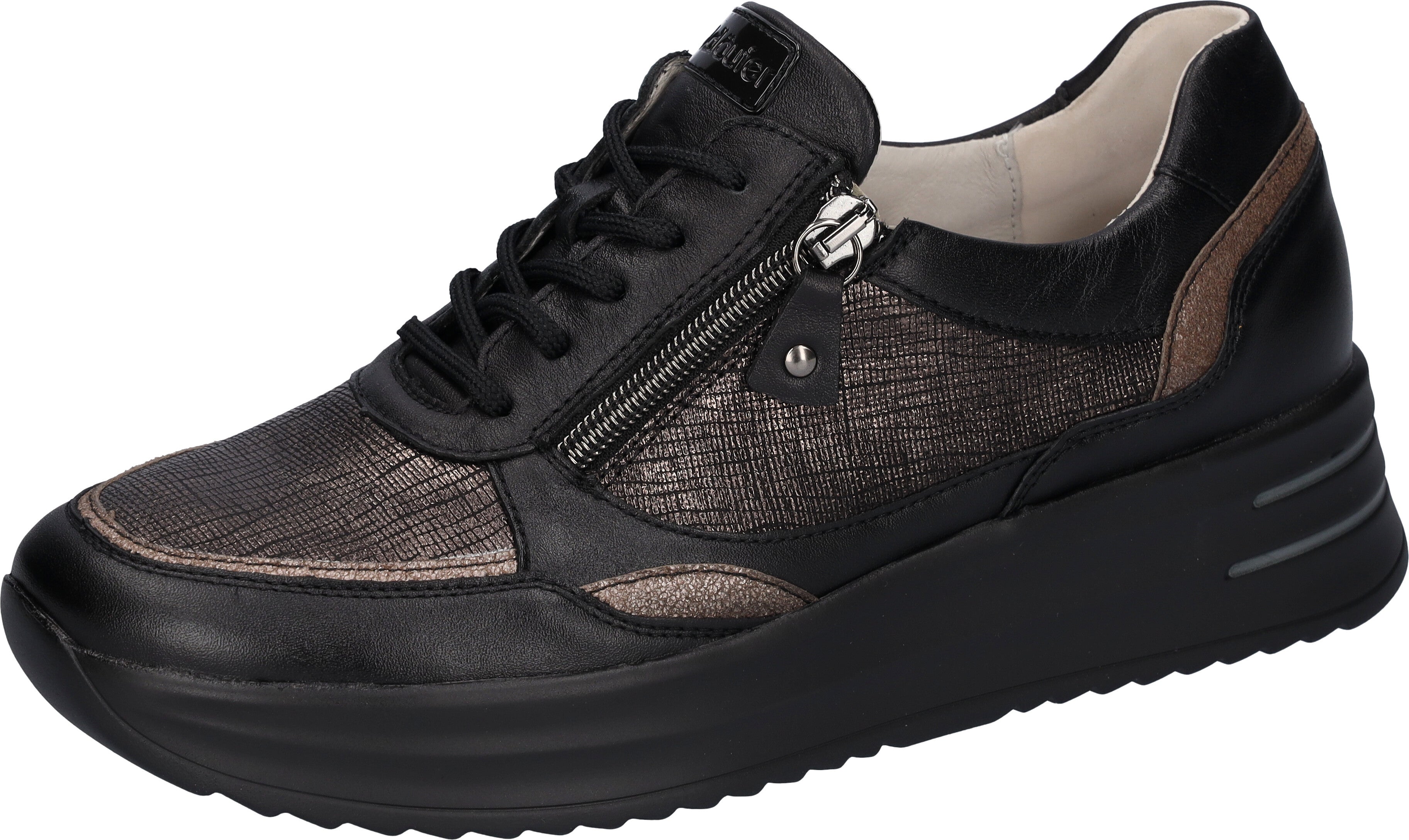 Waldlaufer 755004 310 370 H-Arianna Ladies Black & Bronze Leather Arch Support Zip & Lace Shoes