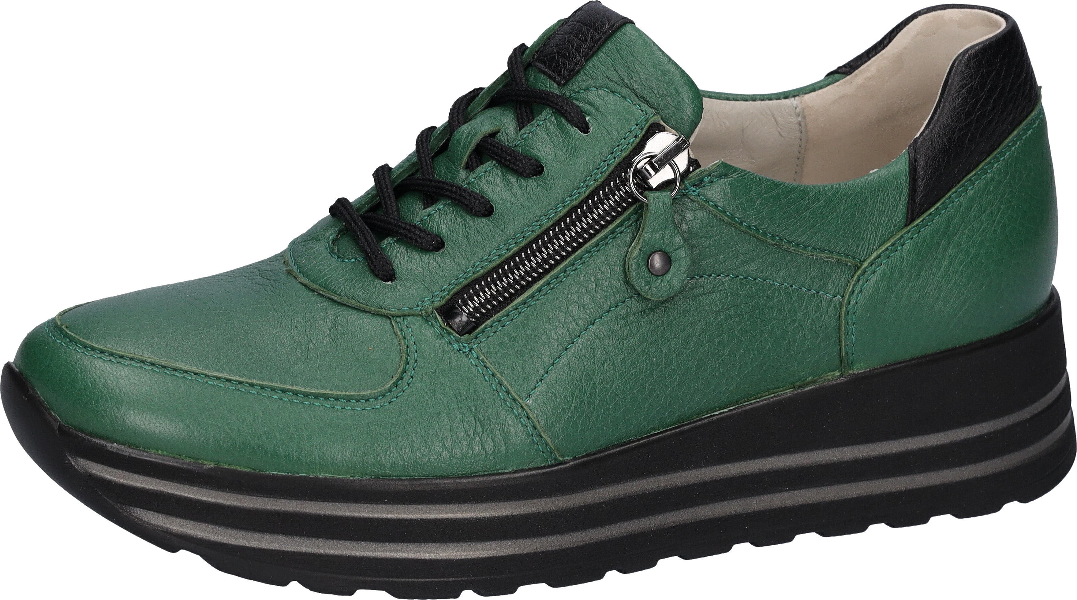 Waldlaufer 758009 299 229 H-Lana Ladies Green Leather Arch Support Zip & Lace Shoes