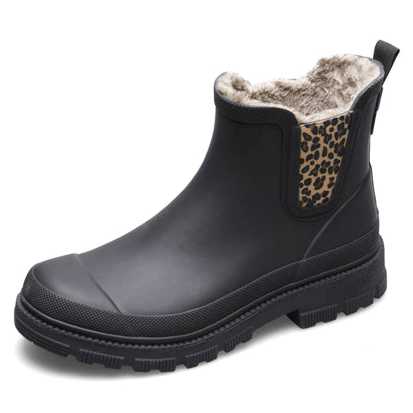 Verbenas Lua Fur Lined Womens Black Waterproof Chelsea Boots with Leopard Print Gusset
