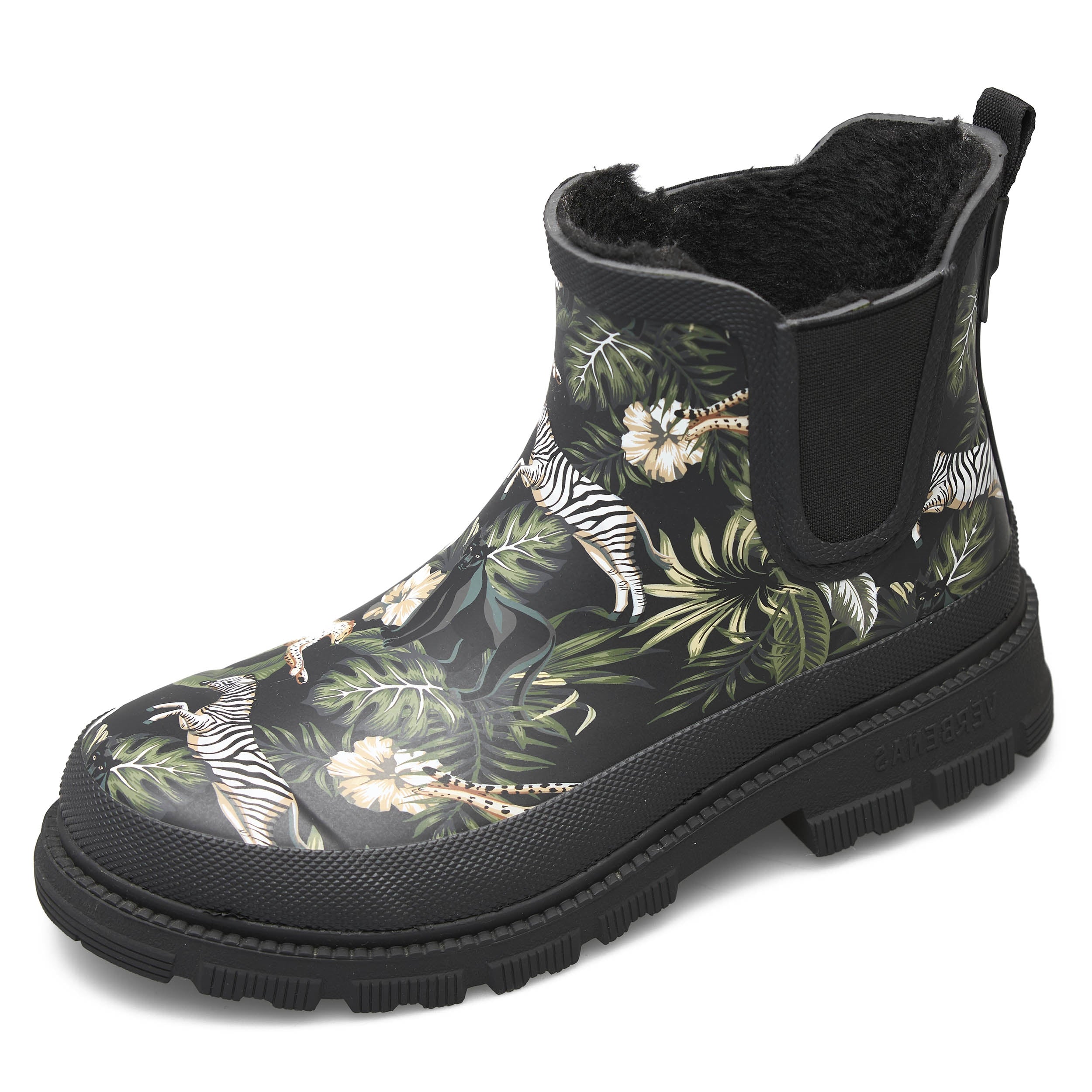 Verbenas Lua Fur Lined Womens Black Jungle Print Waterproof Chelsea Boots