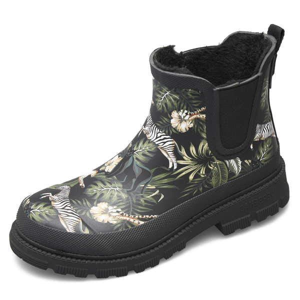 Verbenas Lua Fur Lined Womens Black Jungle Print Waterproof Chelsea Boots