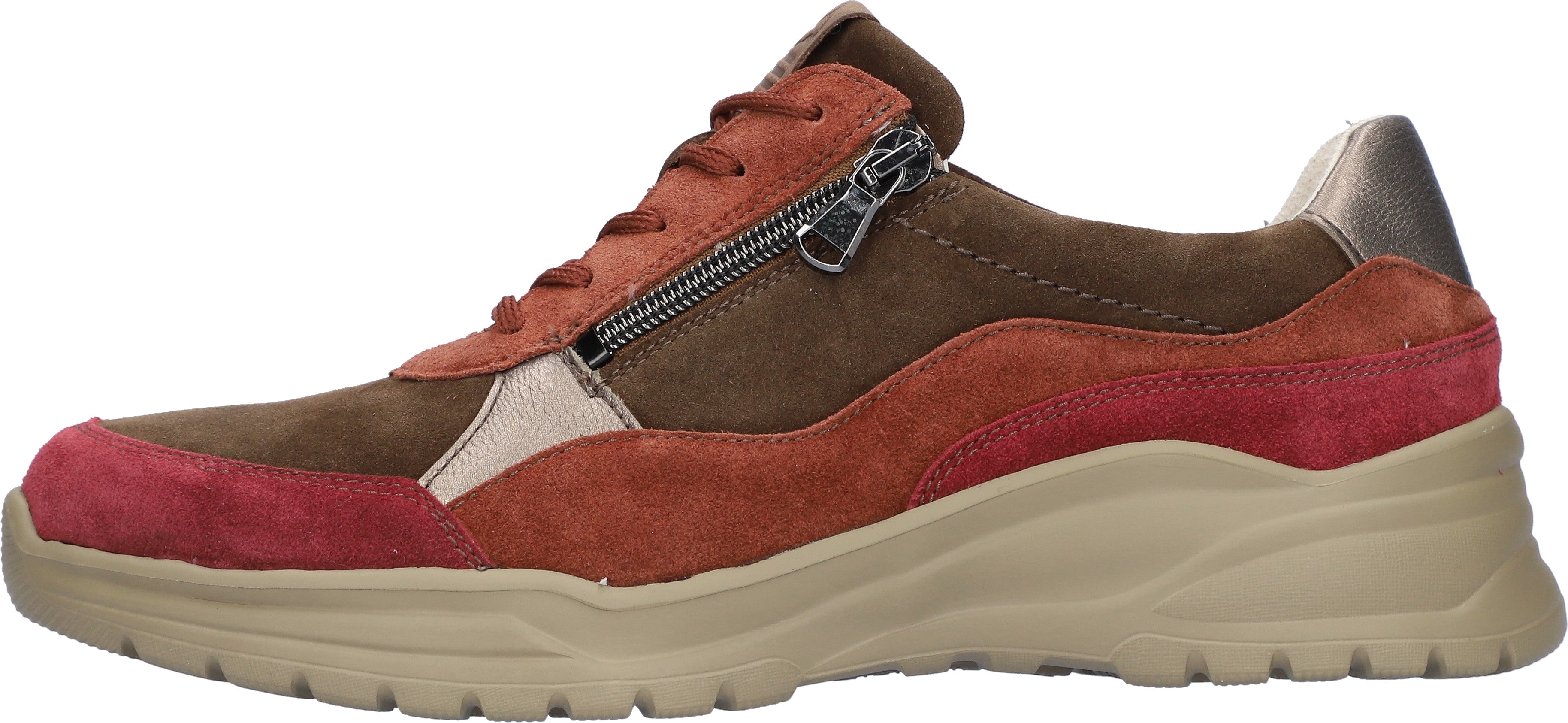 Waldlaufer 968005 ladies wide-fit multi-colored suede trainer with zip, lace-up front, arch support, and chunky beige sole.