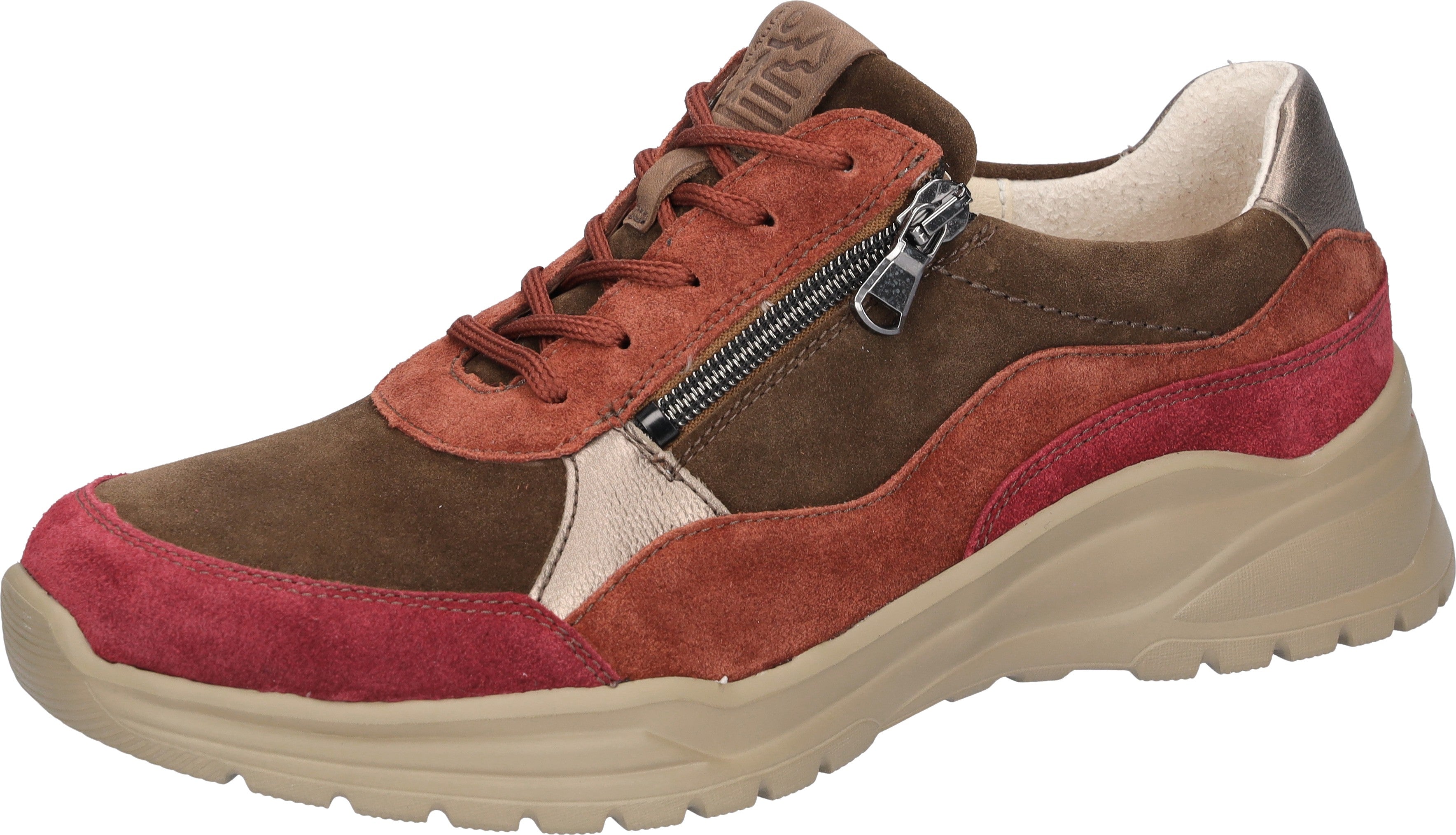 Waldlaufer 968005 ladies wide-fit multi-colored suede trainers with zip and lace, arch support, beige sole, and padded collar.
