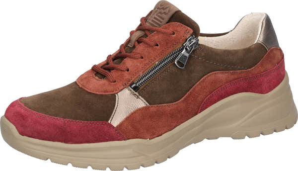 Waldlaufer 968005 ladies wide-fit multi-colored suede trainers with zip and lace, arch support, beige sole, and padded collar.