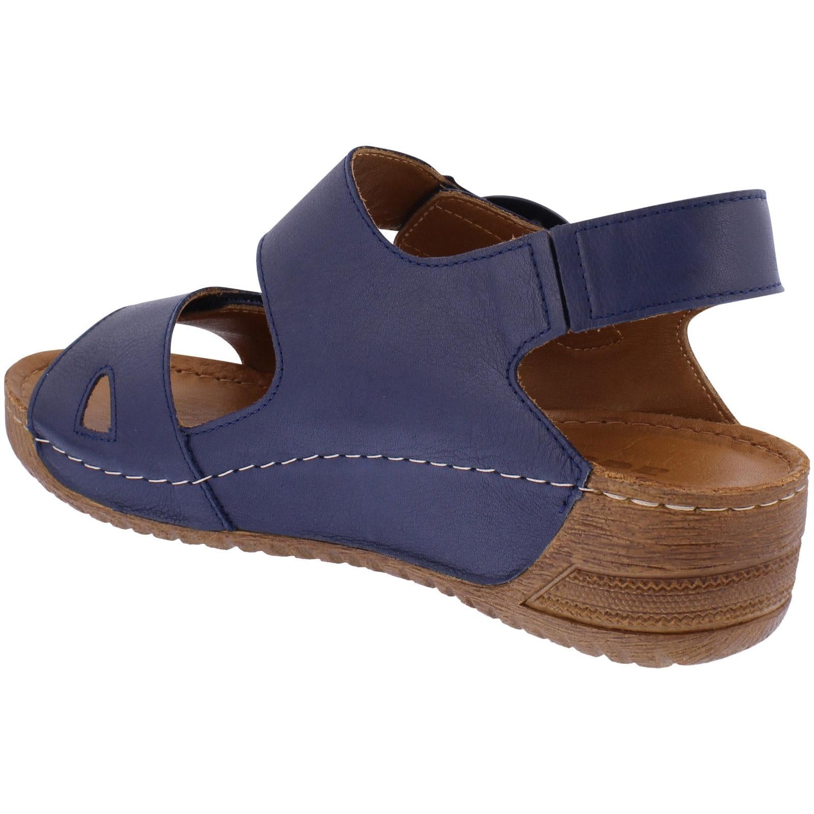 Adesso A7196 Lily Ladies Navy Leather Touch Fastening Sandals with open toe, adjustable strap, and cushioned sole.
