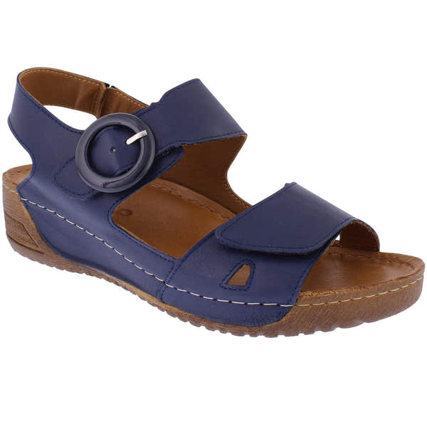Adesso A7196 Lily Navy Leather Touch Fastening Sandals for women with adjustable ankle strap and wooden sole.