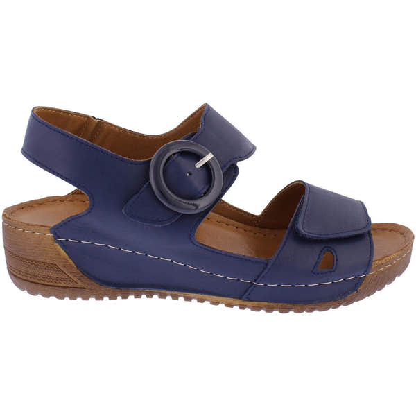 Adesso A7196 Lily Ladies Navy Leather Touch Fastening Sandals with adjustable strap and cushioned sole.