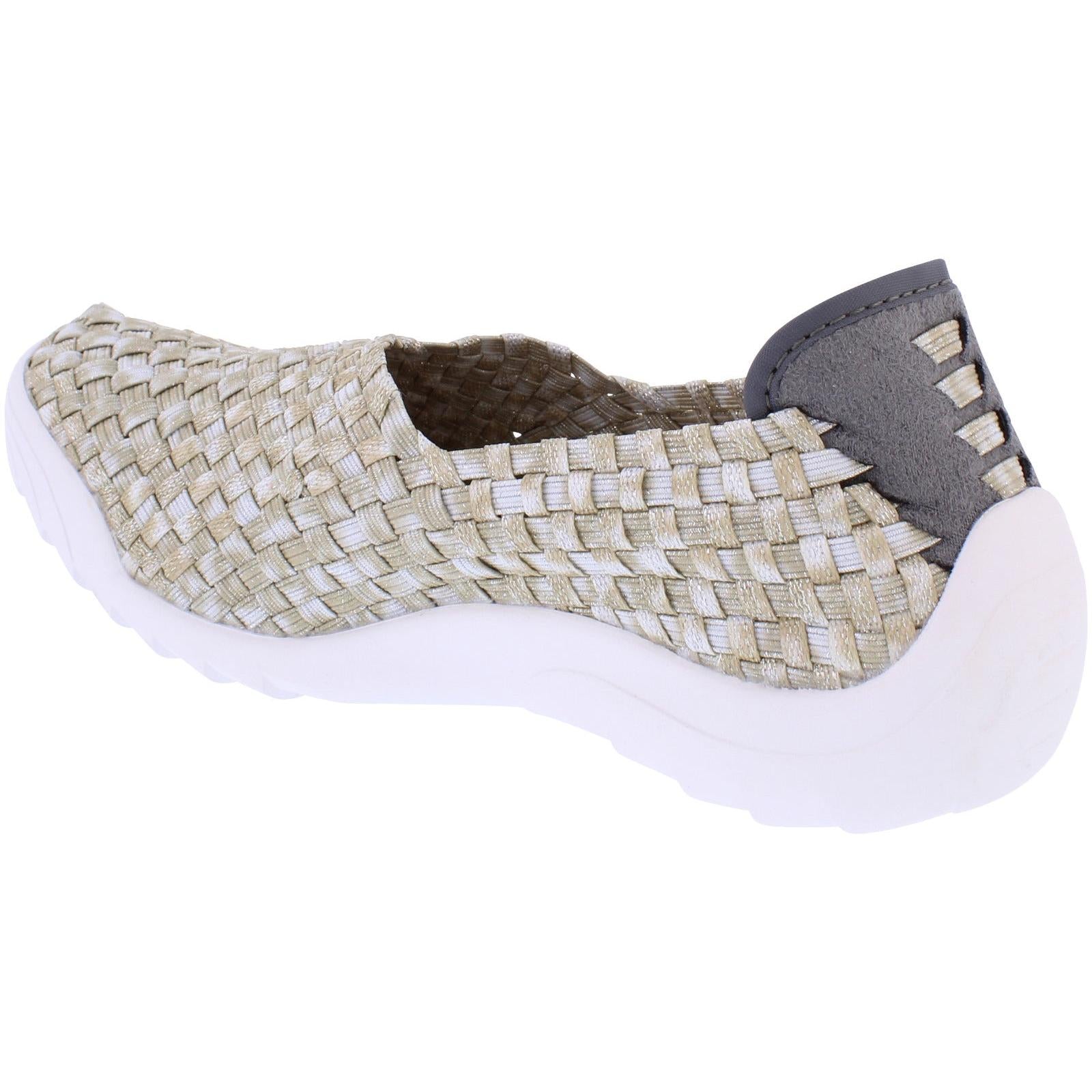 Adesso Caitlin Ladies Caramel Latte Textile Slip-On Shoes with woven upper and white rubber sole.