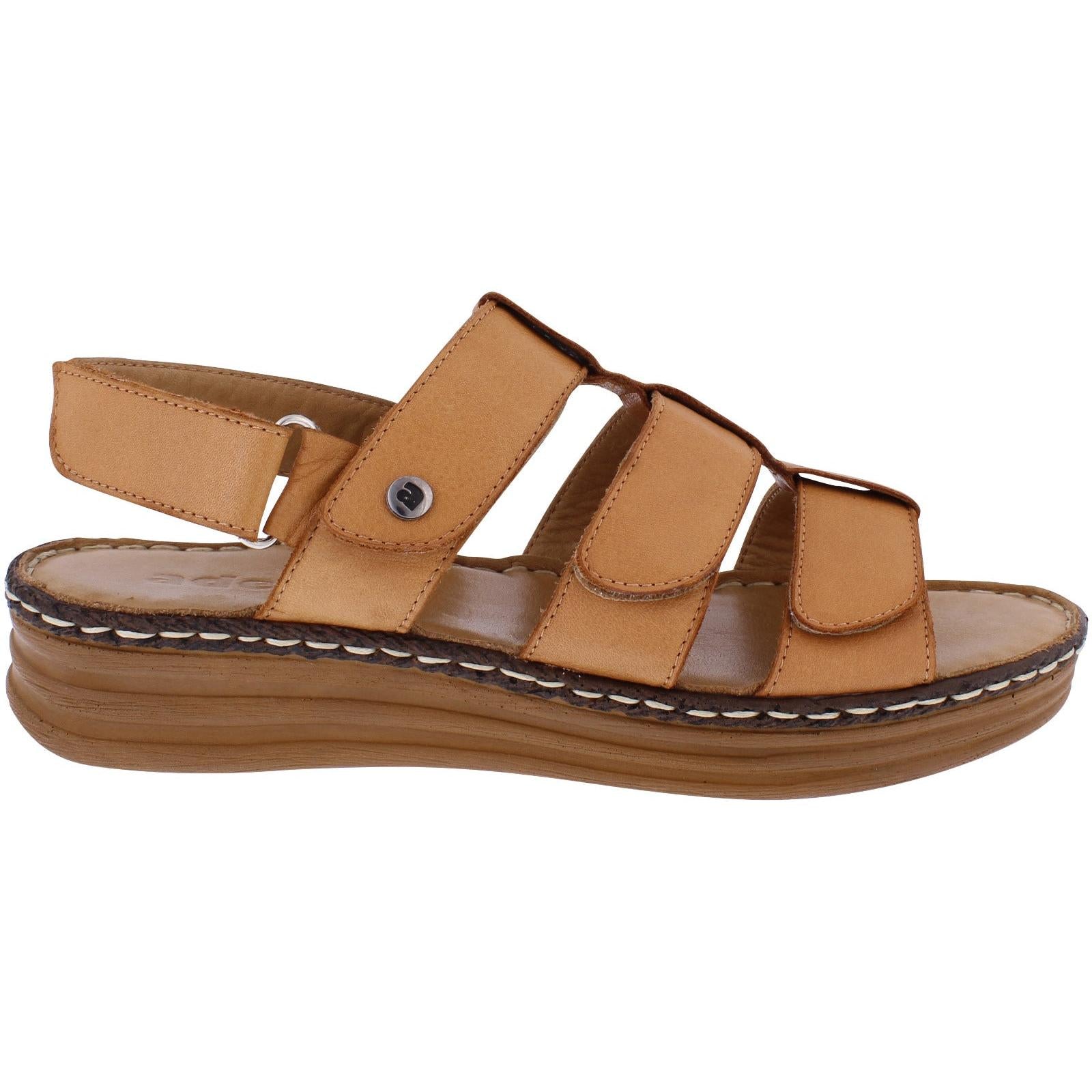 Adesso A7440 Trista ladies tan leather touch fastening sandals with adjustable straps and cushioned sole.