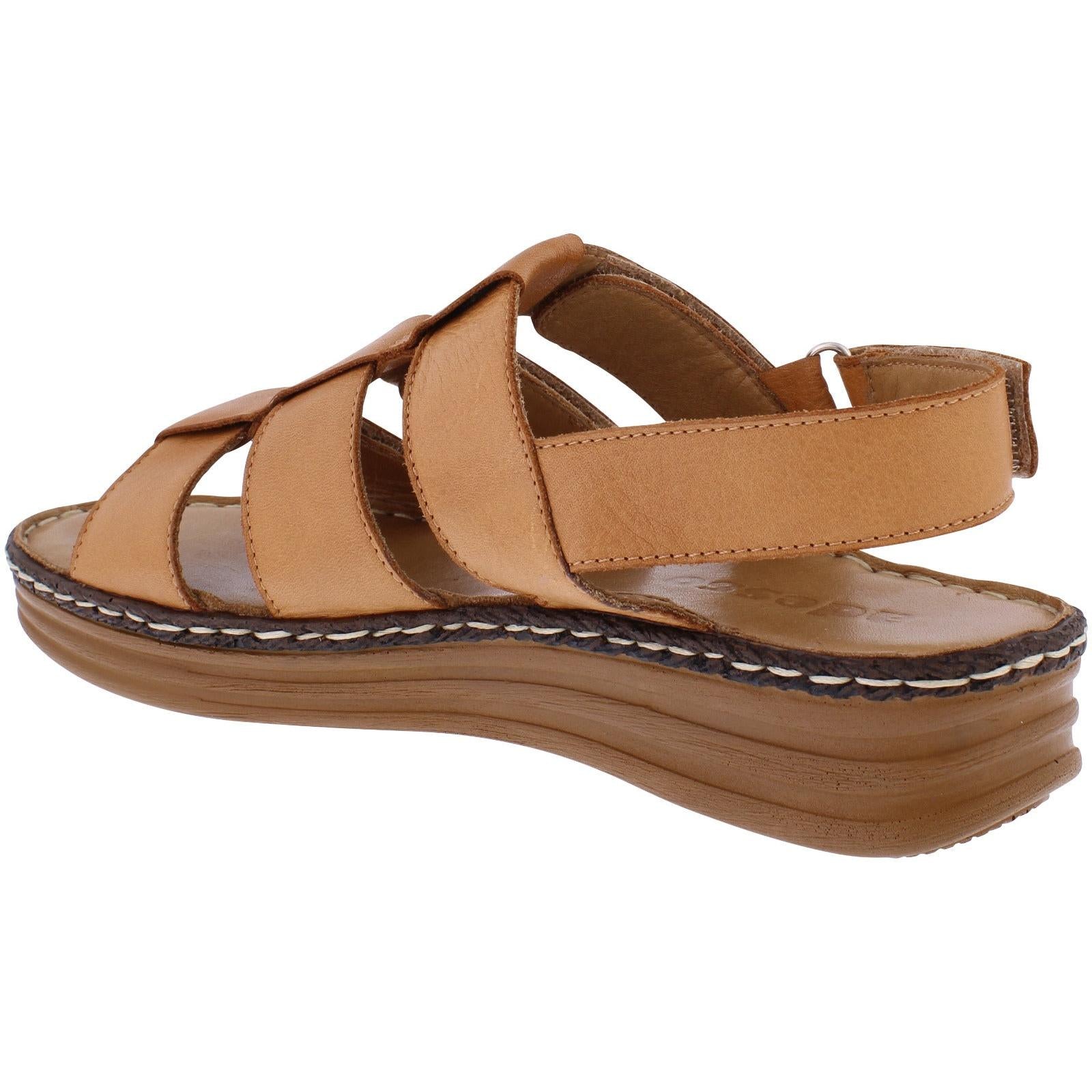 Adesso A7440 Trista Ladies Tan Leather Touch Fastening Sandals with cushioned sole and adjustable straps.