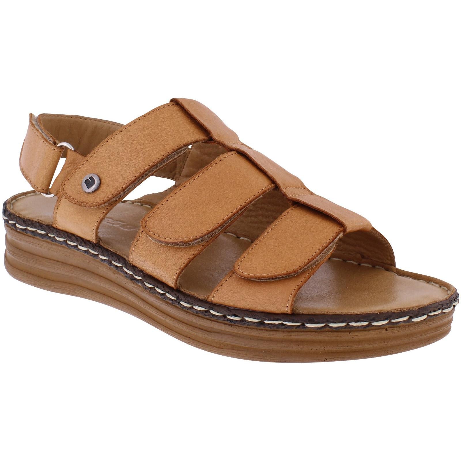 Adesso A7440 Trista women's tan leather touch fastening sandals with multiple straps and cushioned sole.