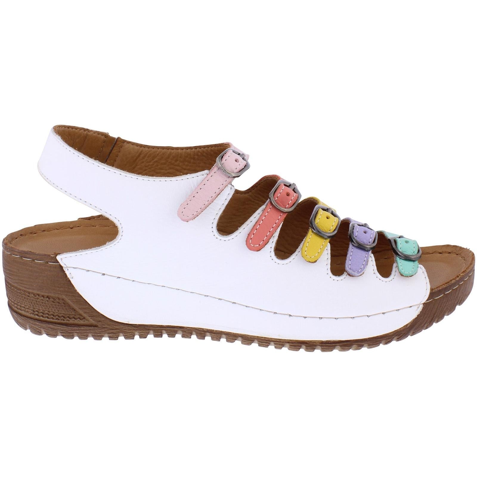 Adesso A7819 Astrid Ladies Dolly Mix Leather Buckle Sandals with multicolored straps on white leather upper and tan sole.