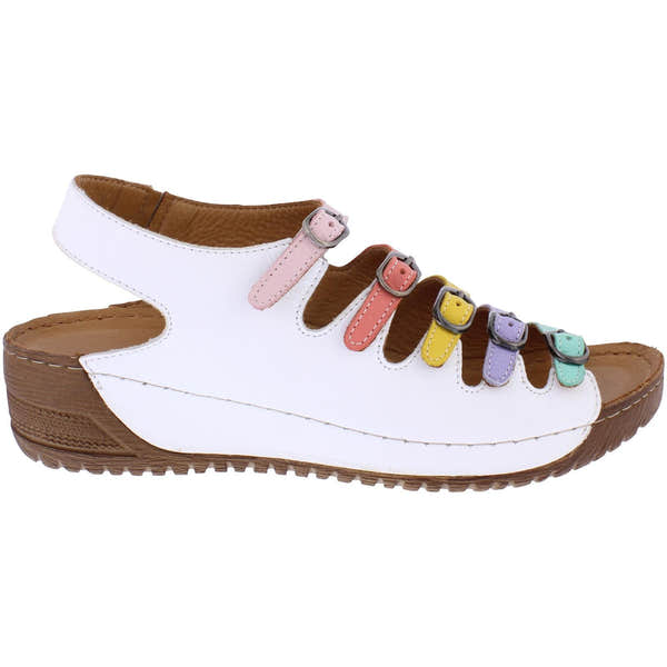 Adesso A7819 Astrid Ladies Dolly Mix Leather Buckle Sandals with multicolored straps on white leather upper and tan sole.