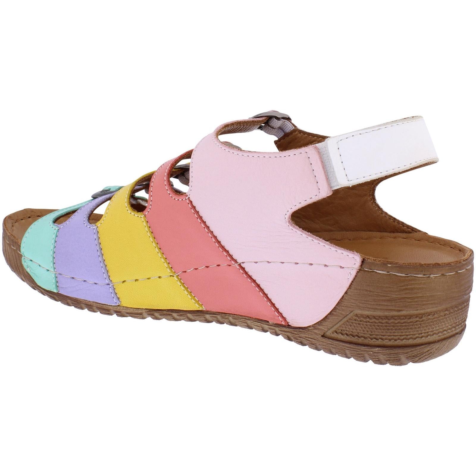 Adesso A7819 Astrid Ladies Dolly Mix Leather Buckle Sandals with colorful pastel straps and chunky brown sole.