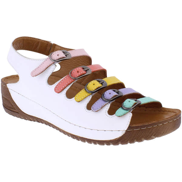 Adesso A7819 Astrid Ladies Dolly Mix Leather Buckle Sandals with colorful straps and brown sole.