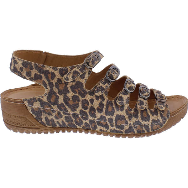 Adesso A7821 Astrid women's leopard leather buckle sandals with multiple adjustable straps and a cushioned wedge sole.
