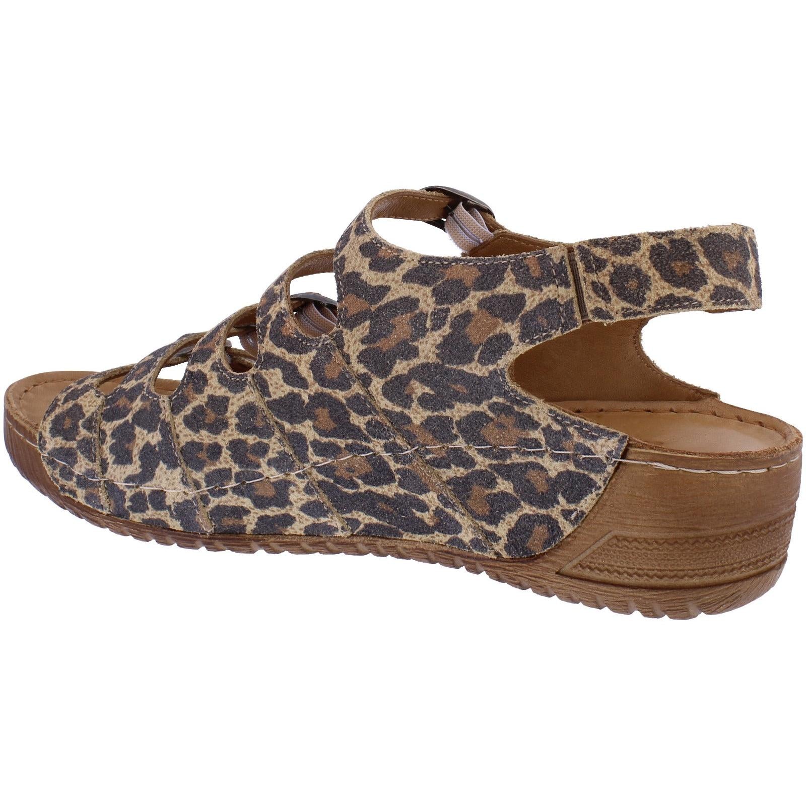 Adesso A7821 Astrid leopard leather buckle sandals for women with open toe, adjustable strap, and chunky wedge heel.
