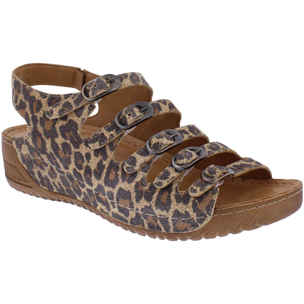 Adesso A7821 Astrid women's leopard leather buckle sandals with multiple straps and a low heel.