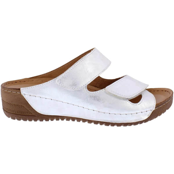 Adesso A7832 Clara women's brushed silver leather touch fastening mules with cushioned sole and slip-on design.