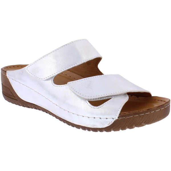 Adesso A7832 Clara women's brushed silver leather mules with touch fastening straps and a brown sole.