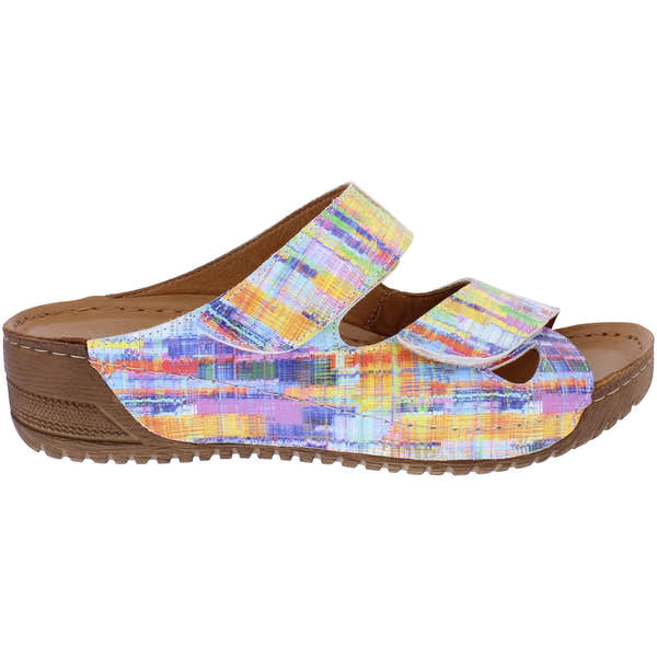 Adesso A7833 Ciara women's watercolour leather touch fastening mule sandals with multicolor abstract print, cushioned sole, and slip-on design.