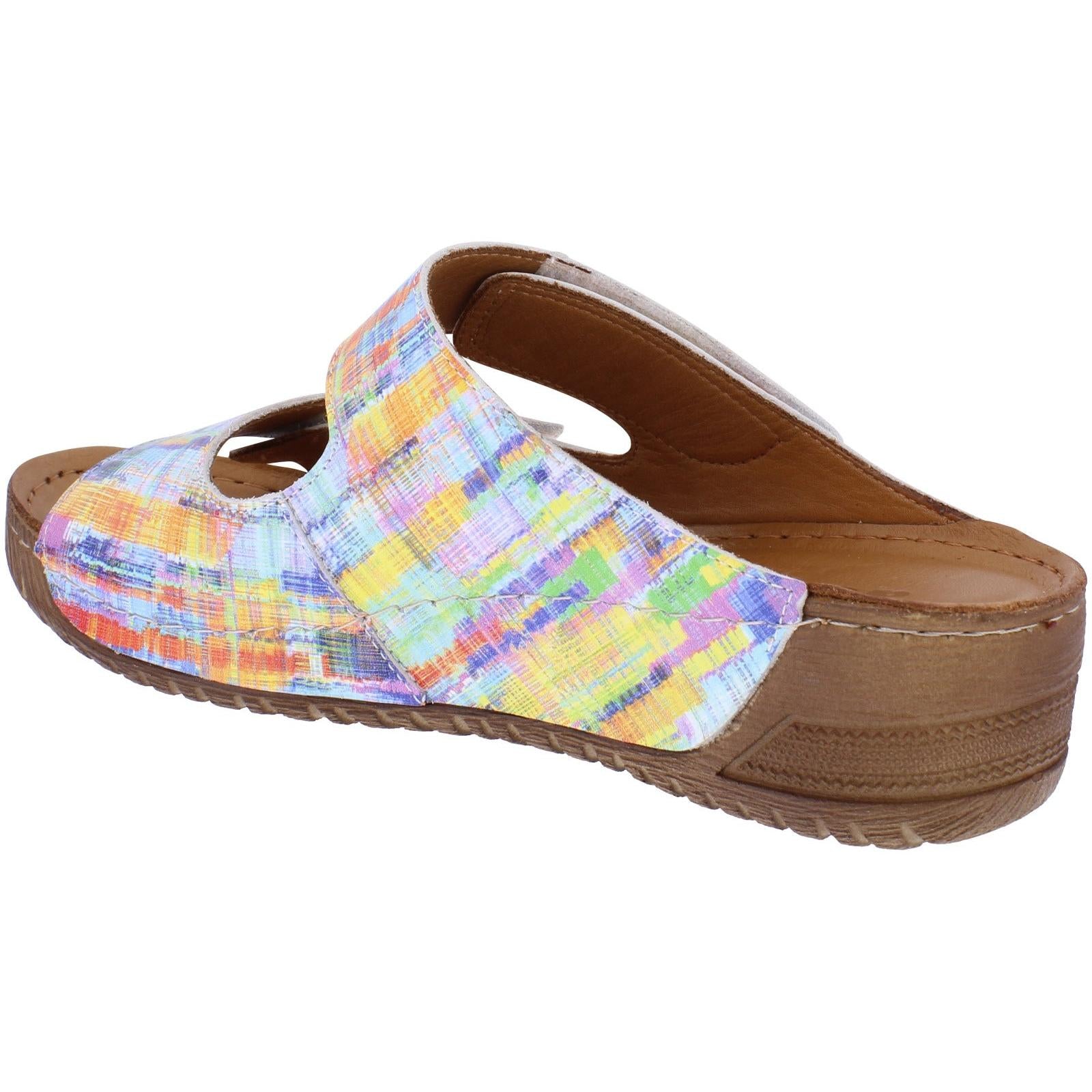 Adesso Ciara Watercolour Leather Touch Fastening Mules for women with colorful, Watercolour-printed upper and cushioned brown sole.