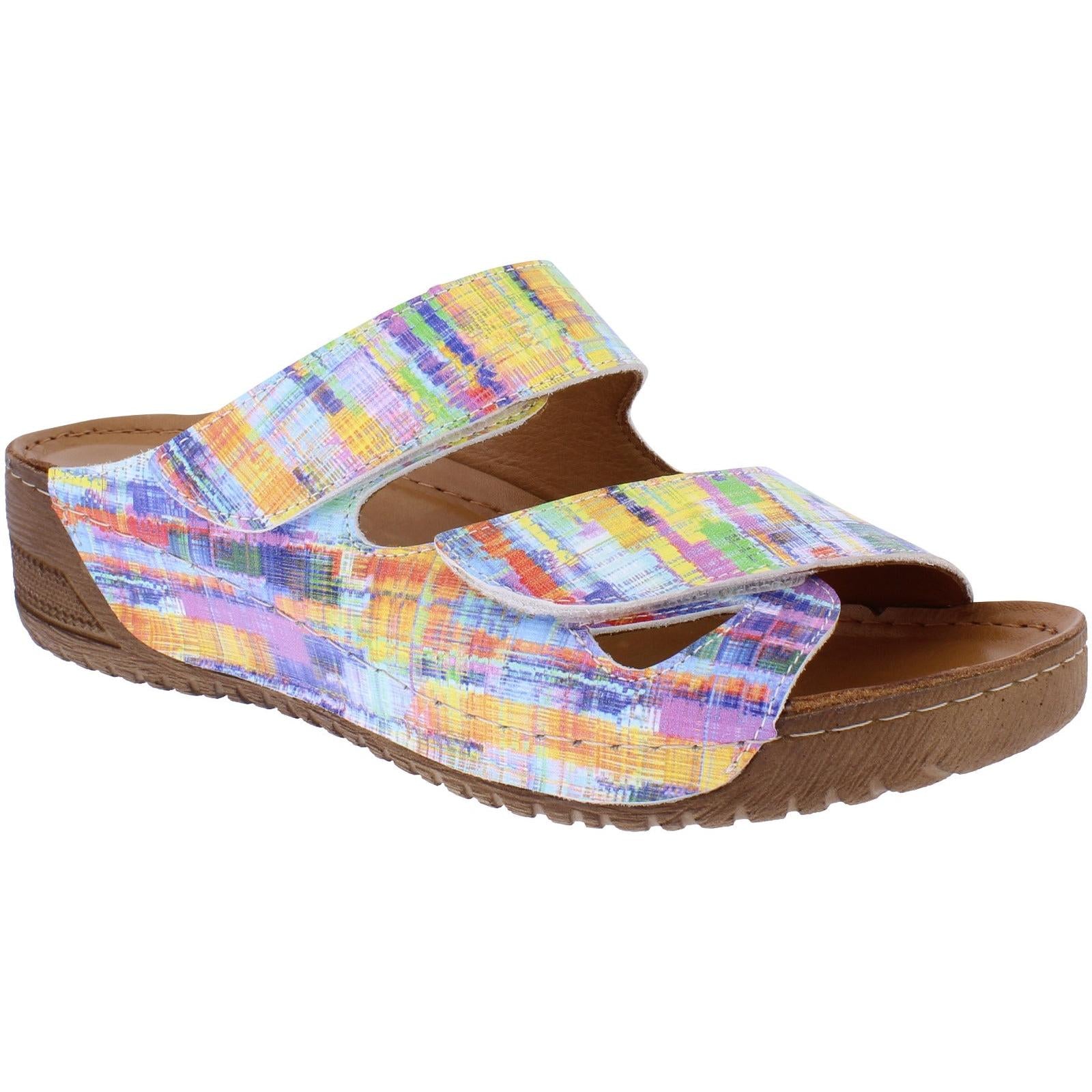 Adesso A7833 Ciara watercolor leather touch fastening women's mules with colorful abstract print and cushioned brown sole.