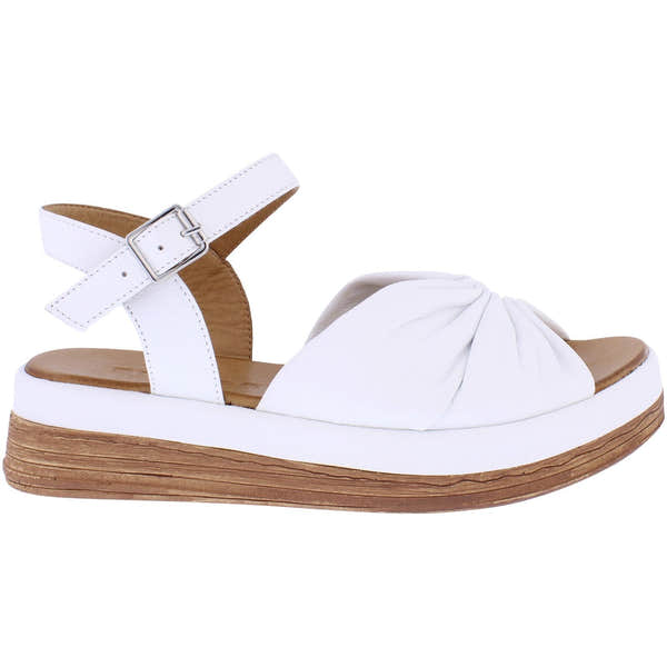 Adesso A7908 Italia women's white leather buckle sandals with twisted front strap and wooden platform sole.