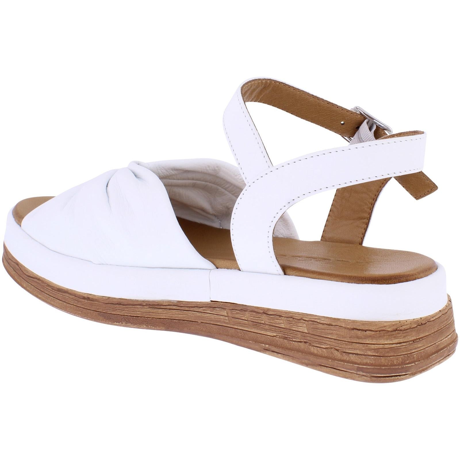 Adesso A7908 Women's White Leather Buckle Sandals with knot detail and wooden wedge sole.