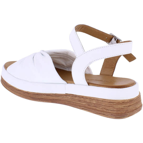 Adesso A7908 Women's White Leather Buckle Sandals with knot detail and wooden wedge sole.