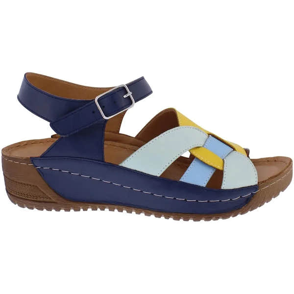 Adesso A8299 Maris Ladies navy multi leather buckle sandals with platform sole, in navy, white, yellow, and light blue colors.