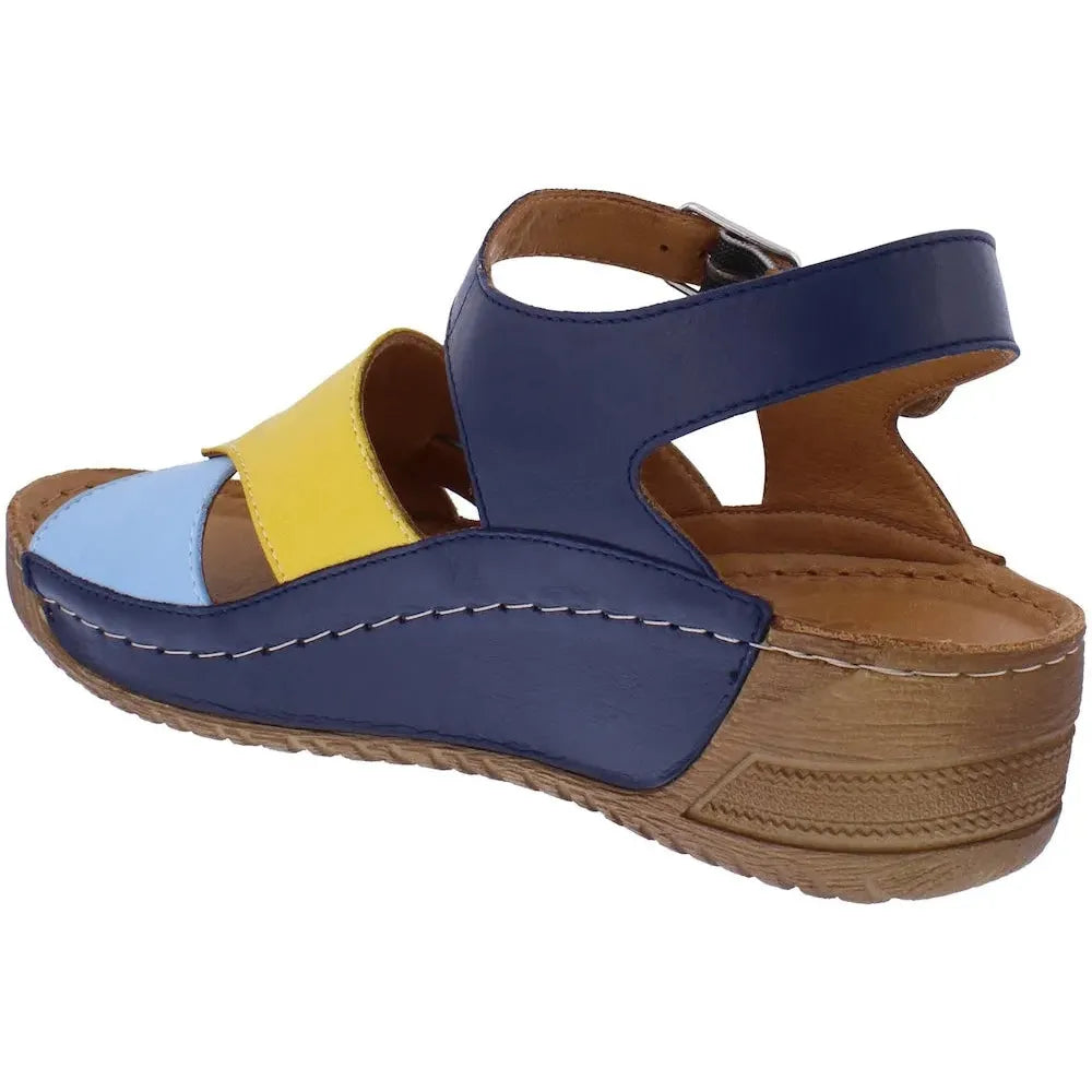 Adesso A8299 Maris Ladies Navy Multi Leather Buckle Sandals with cushioned wedge sole.