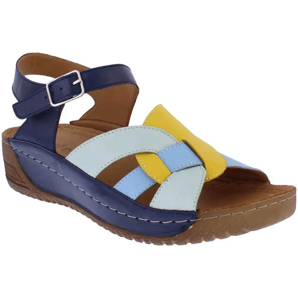 Adesso A8299 Maris Ladies Navy Multi Leather Buckle Sandals with colorful straps and ankle buckle detail.