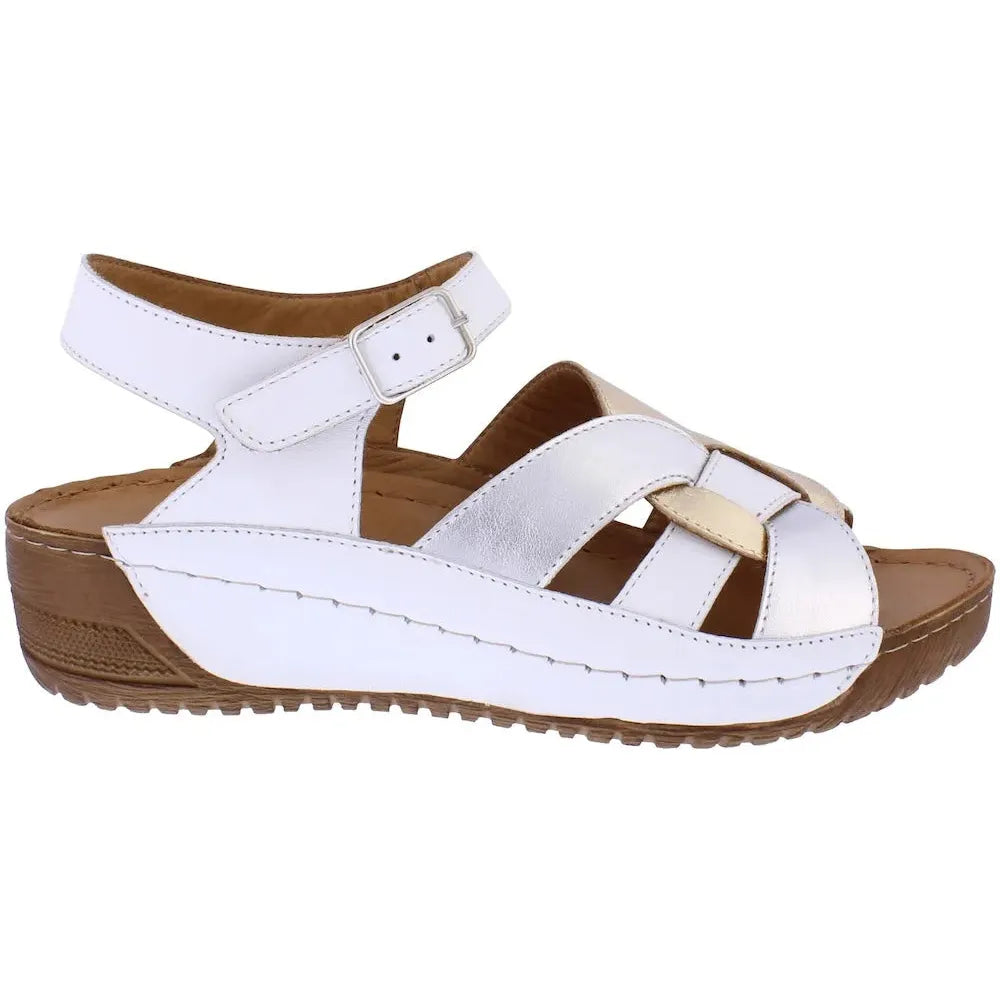 Adesso A8300 Maris women's metallic leather buckle sandals with white straps, cushioned footbed, and chunky wedge heel.