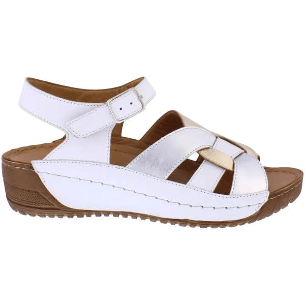 Adesso A8300 Maris women's metallic leather buckle sandals with white straps, cushioned footbed, and chunky wedge heel.