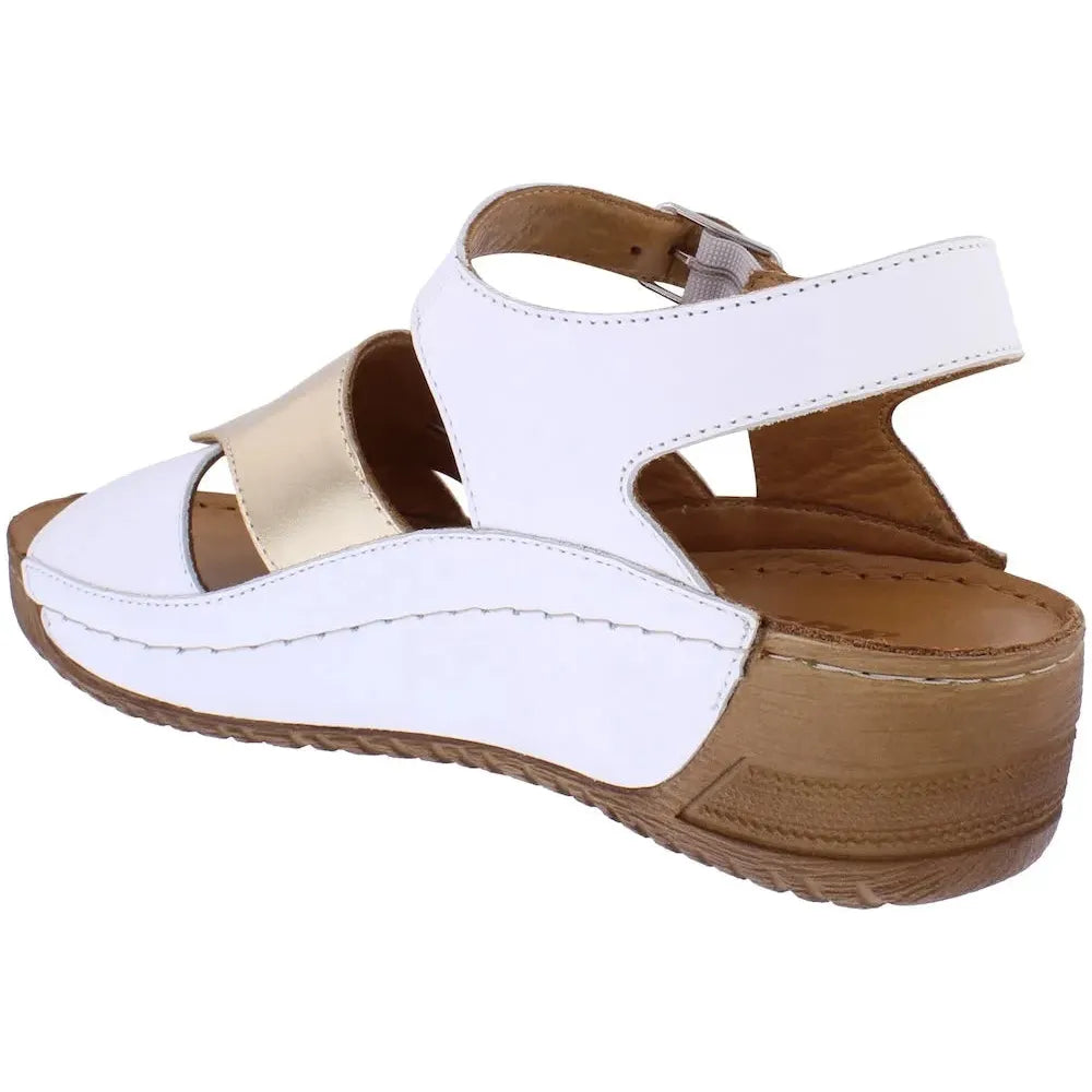 Adesso A8300 Maris Ladies metallic leather buckle sandals with white and gold accents, cushioned insole, and chunky platform sole.