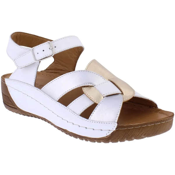 Adesso A8300 Maris women’s metallic leather sandal with buckle strap, cushioned footbed, and wedge sole.