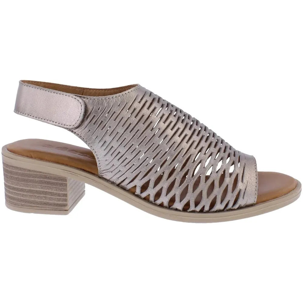 Adesso A8335 Winry Ladies Pewter Leather Touch Fastening Sandals with perforated design and low block heel.