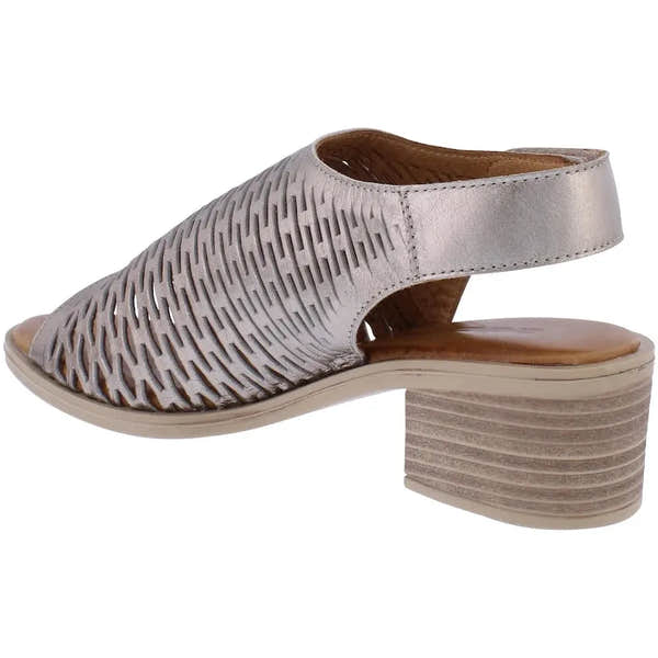 Adesso A8335 Winry Ladies Pewter Leather Sandals with Touch Fastening, open-toe design, chunky heel, and weaving detail.