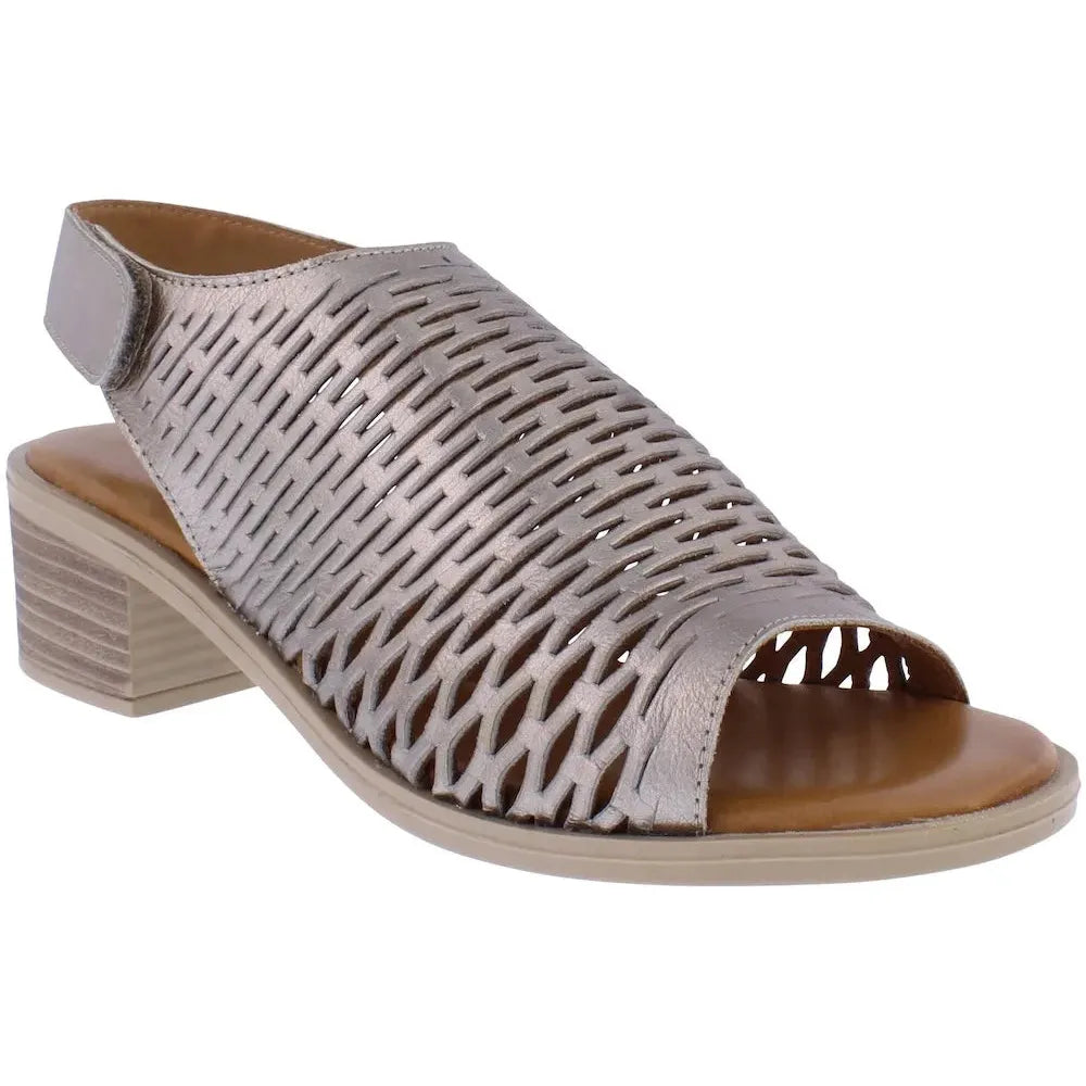 Adesso A8335 Winry Ladies Pewter Leather Touch Fastening Sandals with woven design and low block heel.