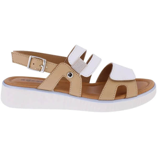 Adesso A8406 Tru Ladies Italian Leather Buckle Sandals with cream and tan straps, cushioned footbed, and white rubber sole.