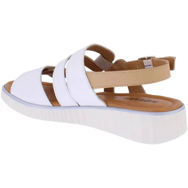 Adesso A8406 Tru Ladies Italian Leather Buckle Sandals with cream and tan straps and wedge sole.
